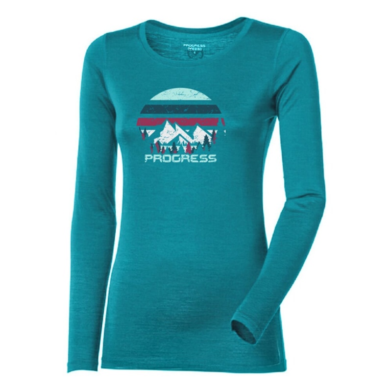 Progres Hela Landscape zeleny melir damske triko dlouhy rukav 100 merino vlna