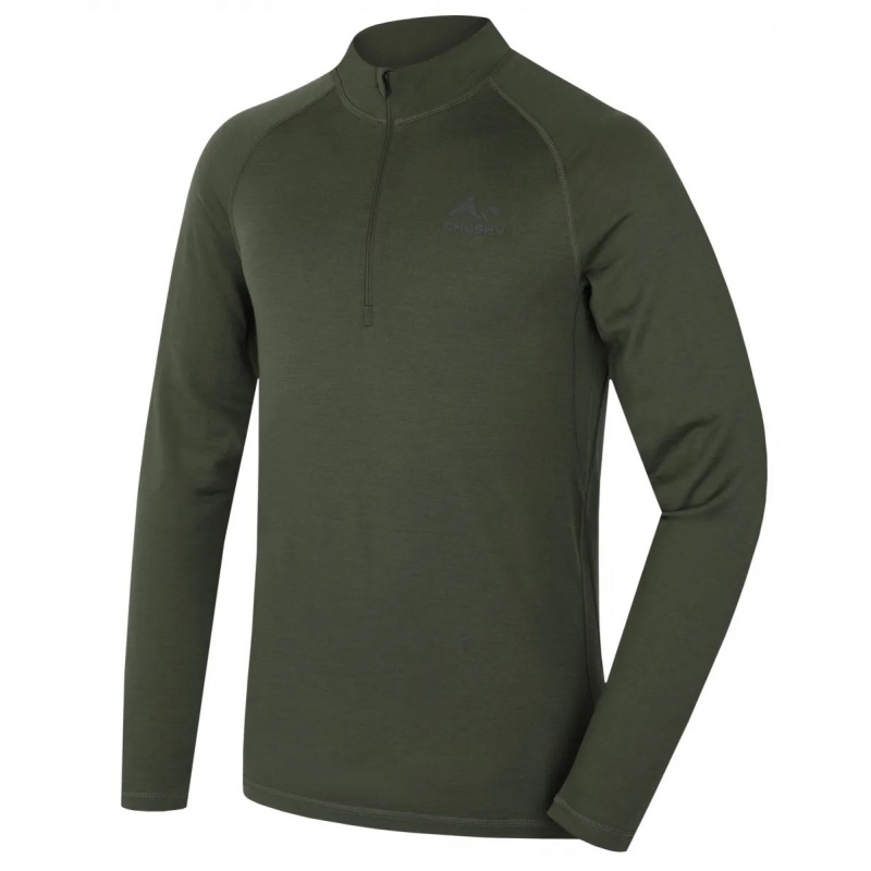Husky Merow Zip M green zelena panske triko dlouhy rukav 100 procent Merino vlna