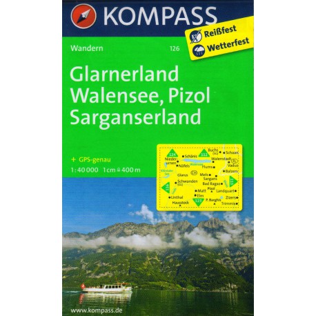 Kompass 126 Glarnerland, Walensee, Pizol, Sarganserland 1:40 000 turistická mapa