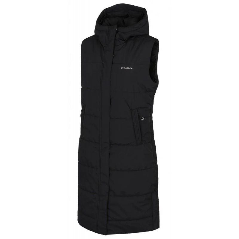 Husky Nilo L black damska zimni vodeodolna dlouha vesta s kapuci kabat bez rukavu
