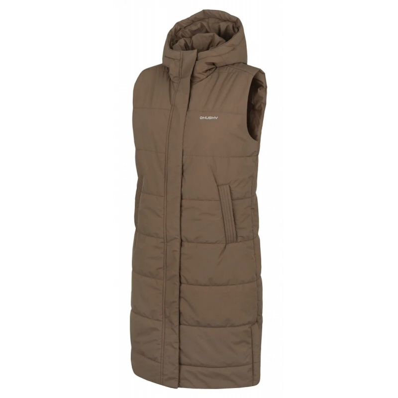 Husky Nilo L brown damska zimni vodeodolna dlouha vesta s kapuci kabat bez rukavu