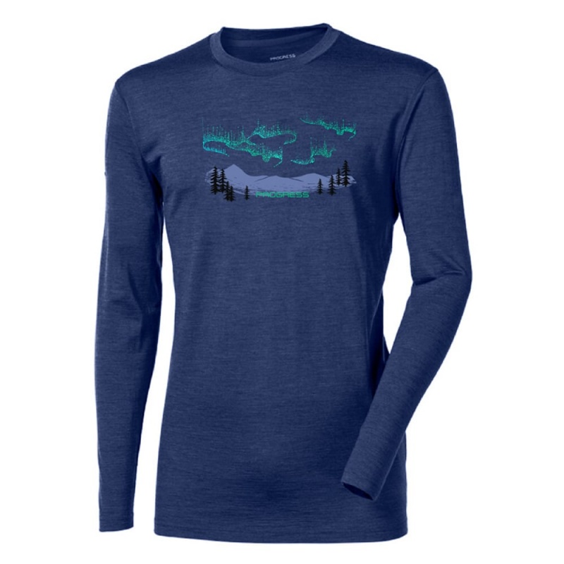 Progress Loki Aurora tmave modra panske triko dlouhy rukav 100% Merino vlna