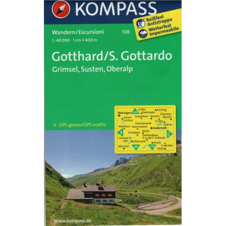 Kompass 108 Gotthard/S. Gottardo, Grimsel, Susten, Oberalp 1:50 000