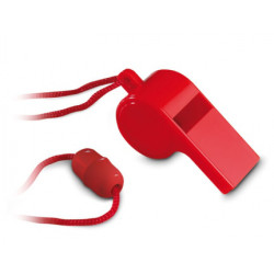 Plastova pistalka na krk se snurkou cervena