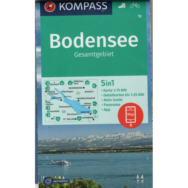 Kompas 1c Bodensee Bodamske jezero, Gesamtgebiet 75 000 turisticka mapa
