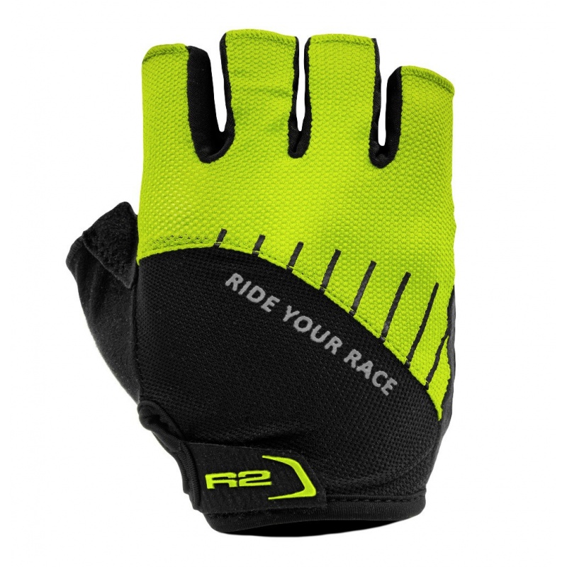 R2 ATR19D Vouk svitive zluta cyklisticke rukavice s kratkymi prsty a gelovymi vyztuhami